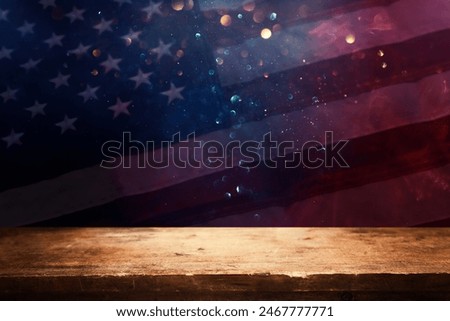 American flag background with empty table for celebration. Presentation mockup