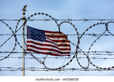 American Flag And Barbed Wire, USA Border