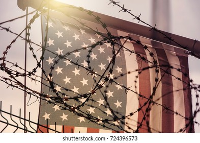 American Flag And Barbed Wire, USA Border