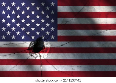 American flag with big crack or bullet hole. Military conflict and war in country concept background photo