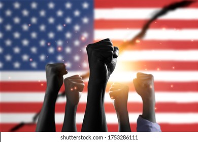 American Flag With Black People Raise Their Hands To Protest In The United States For Racism And Racial Inequality.