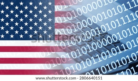 American flag blends with binary code and keyboard. Cybersecurity background represents digital technology hacking and data protection. USA network concept shows modern online threats and cyber risk.