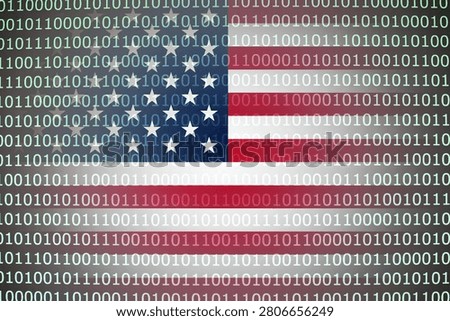 American flag blends with glowing binary code on a digital screen. Cybersecurity background represents data networks and online technology. USA concept shows digital security and modern cyber threats.