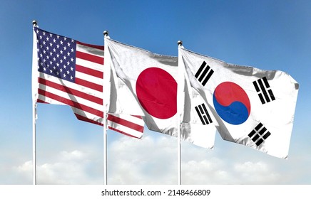 American Flag With Blue Sky And Japanese Flag With South Korean Flag. Waving Blue Sky