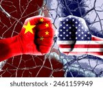 The American flag and the Chinese flag are both made of fists. Describe a meeting between the leaders of the United States and China. Can be used as background or shading. Double exposure hologram.