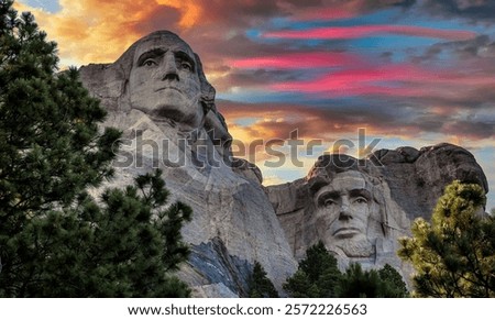 American Flag in the Clouds Over Mount Rushmore, Mount Rushmore National Memorial, South Dakota, USA