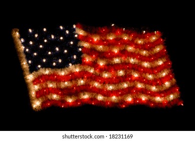 American Flag Composed Of Christmas Lights And Decoration