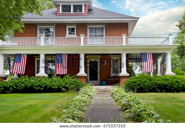 American Flag Decoration On Front Porch Royalty Free Stock Image