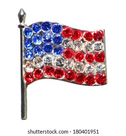 American Flag From Diamonds Or Rhinestones Isolated On White. Brooch Jewelry