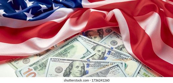 american flag and dollar cash money. Dollar banknote and USA background. Paycheck Protection Program, PPP concept