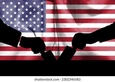 American flag and election vote silhouette composition. Describe the 2024 US election situation and results. Basemap and background concept. Double exposure hologram. - Shutterstock ID 2302346583