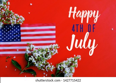 American Flag With Flowers On Red Background With Happy 4th Of July Text.