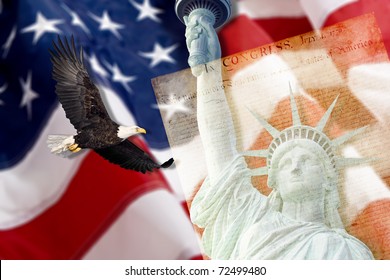 American Flag, flying bald Eagle,statue of liberty and Constitution montage