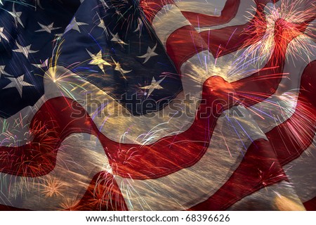 American Flag, flying fireworks and Constitution montage