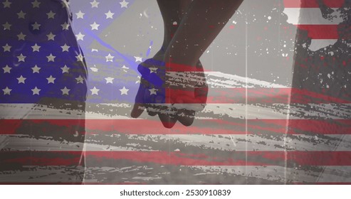 American flag with glitch effect against mid section of couple holding hands at the beach. american independence patriotic holiday concept - Powered by Shutterstock