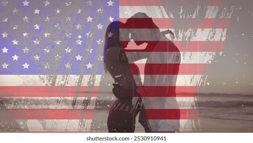 American flag with glitch effect against couple embracing each other at the beach. american independence patriotic holiday concept - Powered by Shutterstock