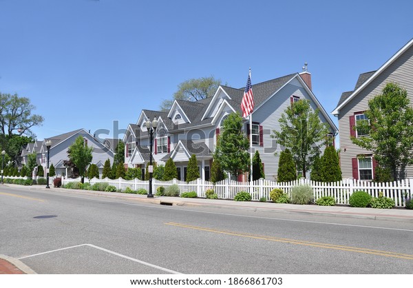 American Flag Gray Townhouses Residential Neighborhood Stock Photo ...