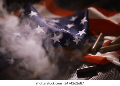 American Flag With Gun Shells and Smoke Symbolizing Gun Violence and National Issues