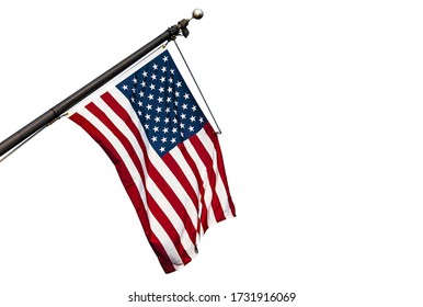 American flag hanging on a flagpole, USA flag isolated on white background, high resolution picture