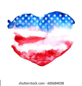 American flag in heart shape.  I Love USA, red and blue isolated symbol on white background. Hand drawing. Print on the T-shirt. Background for the holiday on July 4th. Watercolor texture. - Shutterstock ID 600684038