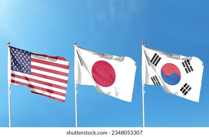 American flag with Japan flag and South Korea flag on cloudy sky. waving in the sky