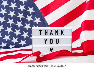American flag. Lightbox with text THANK YOU Flag of the united states of America. July 4th Independence Day. USA patriotism national holiday. Usa proud. Freedom concept