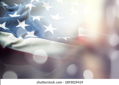 American Flag For Memorial Day, 4th Of July Or Labour Day, Blue Bokeh Background