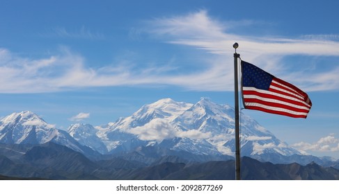 American Flag And Mount Denali