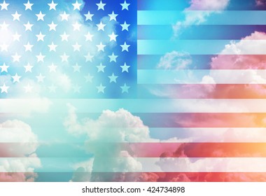 American Flag With Night Sky Background.