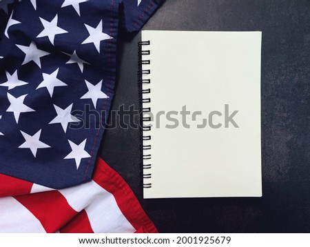 american flag and notebook for text on black background, 4th of july, happy memorial day concept