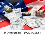 American flag on assorted banknotes, dollars