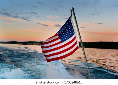 American Flag On The Back Of A Boat On Lake Superior.