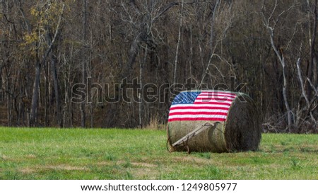 American flag on bale of hay with hand plow in front