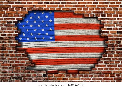 American flag on old brick wall Texture or background 