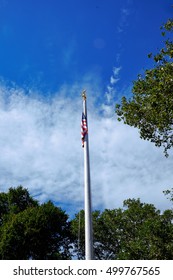 American flag on a pole with an eagle made of gold standing on the top, between green trees