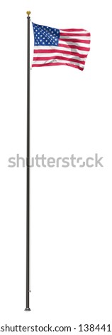 American flag on a pole, isolated on a white background