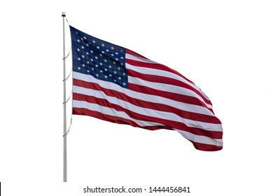 American Flag On A Pole Waving, White Background. US Of America Symbol Sign Isolated On White