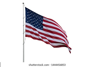 American Flag On A Pole Waving, White Background. US Of America Symbol Sign Isolated On White