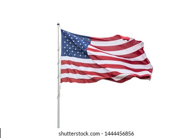 American Flag On A Pole Waving, White Background. US Of America Symbol Sign Isolated On White