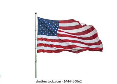 American Flag On A Pole Waving, White Background. US Of America Symbol Sign Isolated On White