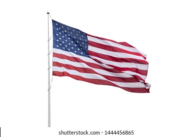 American Flag On A Pole Waving, White Background. US Of America Symbol Sign Isolated On White