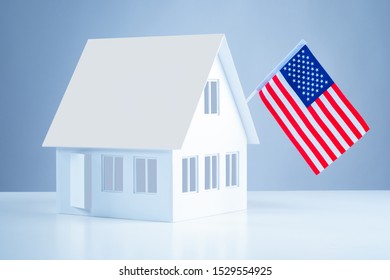 American flag on the roof. Moving to USA. Immigration to the United States. Buying property in America. Home in another country. Immigration. Accommodation in America.