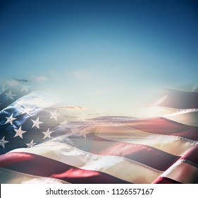 American Flag Over A Beautiful Sunset Or Sunrise.