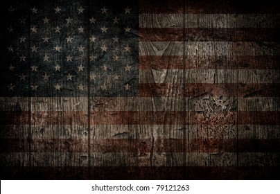 American flag painted on wooden background.