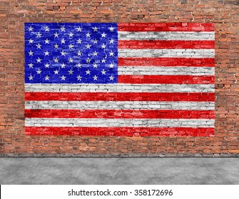 American flag painted over old brick wall