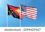 American flag and Papua New Guinea flag on cloudy sky. waving in the sky