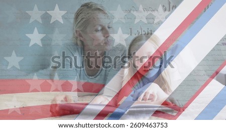American flag pattern and constitution text against caucasian mother and daughter reading a book. american independence and celebration concept