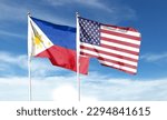 American flag and Philippine flag on cloudy sky. waving in the sky