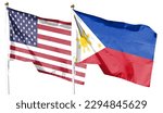 American flag and Philippine flag on cloudy sky. waving in the sky