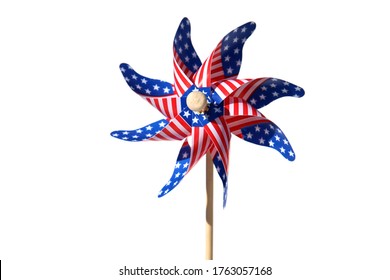 American Flag Pin Wheel. Isolated On White. Room For Text. Red, White And Blue Pin Wheel. Independence Day Prop. 4th Of July Pin Wheel. 